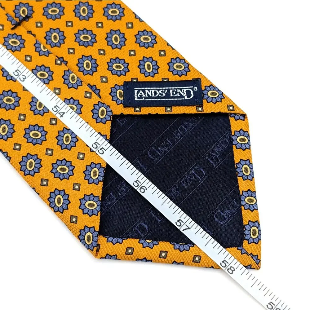 Vintage 90s Lands End Silk Jacquard Tie Geometric Medallion Gold Blue Y2K Preppy